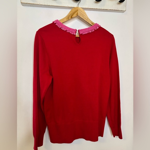 Talbots Beaded Crewneck Pullover Red Cotton Pink Beads - Picture 6 of 8